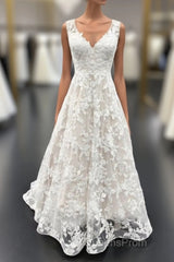 Elegant Long A Line V Neck Floral Lace Wedding Dress