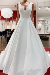 Elegant Long A-line V Neck Satin Ruffles Open Back Wedding Dress