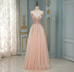 Elegant Long A-line V-neck Sequins Tulle Backless Evening Prom Dress