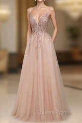 Elegant Long A-line V-neck Sequins Tulle Backless Evening Prom Dress