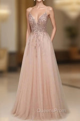 Elegant Long A-line V-neck Sequins Tulle Backless Evening Prom Dress