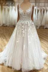 Elegant Long A-Line V-neck Spaghetti Straps Appliques Lace Ruffles Tulle Wedding Dress