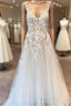 Elegant Long A-line V-neck Tulle Appliques Lace Open Back Wedding Dress