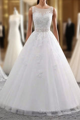 Elegant Long Ball Gown Tulle Lace-Up White Wedding Dress