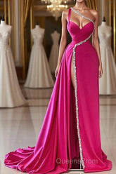 Elegant Long Fuchsia One Shoulder Jewels Sleeveless Evening Prom Dress Long Slit Online