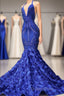 Elegant Long Mermaid Halter Satin Lace Backless Evening Prom Dress