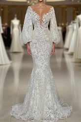 Elegant Long Mermaid V-neck Tulle Lace Wedding Dress with Sleeves