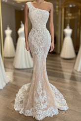 Elegant Long One Shoulder Appliques Lace Mermaid Wedding Dress
