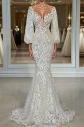 Elegant Long Sleeves Mermaid V-neck Tulle Lace Wedding Dress