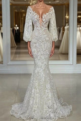 Elegant Long Sleeves Mermaid V-neck Tulle Lace Wedding Dress