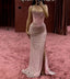 Elegant Mermaid Spaghetti Straps Pink Beads Sequin Slit Long Classy Prom Dress Classy Dress