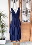 Elegant Navy Blue A-Line V-Neck Ruffled Layered Chiffon Classy Prom Dress