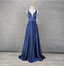 Elegant Navy Blue A-Line V-Neck Satin Long Classy Prom Dress