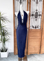 Elegant Navy Blue Halter Backless Glitter Satin Long Classy Prom Dress