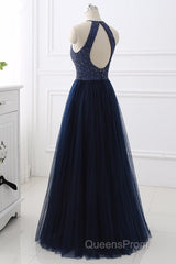 Elegant Navy Blue Halter Beaded Long Evening Dress, Beautiful Evening Prom Dress