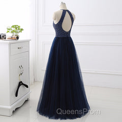 Elegant Navy Blue Halter Beaded Long Evening Dress, Evening Prom Dress