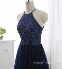 Elegant Navy Blue Halter Beaded Long Evening Dress, Evening Prom Dress
