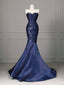 Elegant Navy Blue Mermaid Strapless Pleated Satin Long Classy Prom Dress