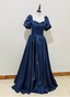 Elegant Navy Blue Puffed Short Sleeve Satin Long Classy Prom Dress