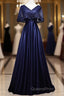 Elegant Navy Blue Short Sleeved Beaded Cape With Satin Lace Navy Blue V-Neck Backless And Ground Length Evening Dress