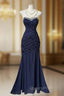 Elegant Navy Mermaid Strapless Evening Prom Dress Backless Chiffon Birthday Evening Dress