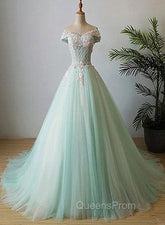 Elegant Off Shoulder Light Green Tulle Sweet 16 Dress, Long Evening Gown