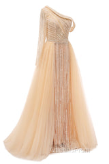 Elegant One Shoulder Beige Evening Prom Dress Sheer Beading Lace Evening Dress