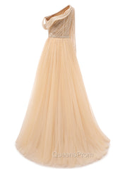 Elegant One Shoulder Beige Evening Prom Dress Sheer Beading Lace Evening Dress
