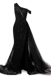 Elegant One Shoulder Black Prom Dresses Sheer Beading Lace Formal Dresses