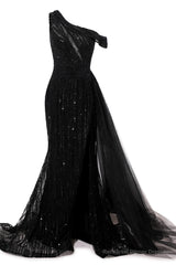 Elegant One Shoulder Black Prom Dresses Sheer Beading Lace Formal Dresses