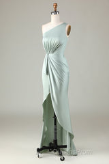 Elegant One Shoulder Matcha Ruched Long Bridesmaid Dress
