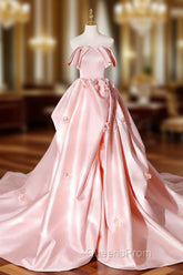 Elegant Pink A Line Strapless Appliques Satin Evening Dress Evening Prom Dress