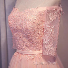 Elegant Pink Lace Appliques Off The Shoulder Tulle Bridesmaid Dress Short