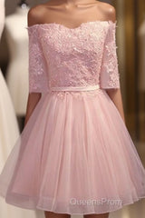 Elegant Pink Lace Appliques Off The Shoulder Tulle Bridesmaid Dress Short