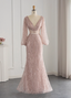 Elegant Pink Mermaid V-Neck Long Sleeve Sequin Long Classy Prom Dress