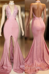 Elegant Pink Evening Prom Party Gowns| Backless Lace Evening Gown With Slit