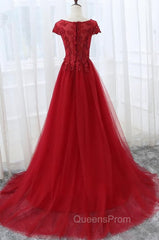 Elegant Red Tulle Long Evening Prom Dress with Lace Applique, Red Party Gowns