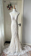 Elegant Retro White Mermaid Round Neck Lace Train Classy Prom Dress Wedding Dress