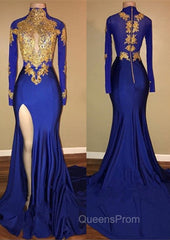 Elegant Royal Blue Evening Prom Party GownsMermaid Long Sleeves With Appliques