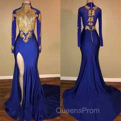 Elegant Royal Blue Evening Prom Party GownsMermaid Long Sleeves With Appliques