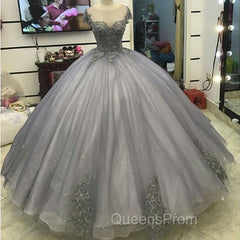 Elegant Silver Tulle Ball Gowns Evening Prom Dress Lace Appliques