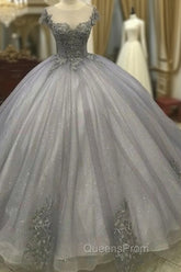 Elegant Silver Tulle Ball Gowns Evening Prom Dress Lace Appliques