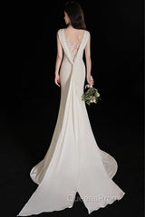 Elegant Sleeveless Mermaid Satin Simple Train Dress Wedding Dress With Lace Open Back