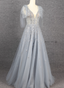 Elegant Smoky Blue Deep V Sequin Tulle Long Classy Prom Dress Bridesmaid Dress