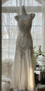 Elegant Spaghetti Straps Apricot Beaded Chiffon Mermaid Gowns Vintage Backless Classy Prom Dress