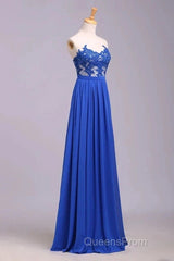 Elegant Strapless Chiffon Evening Lace Appliques Long Evening Prom Dress Royal Blue