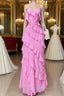 Elegant Straps Sheath Chiffon Evening Prom Dress Pink Ruffles Long Party Dress