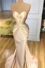 Elegant Sweetheart Champagne Evening Prom Dress Mermaid Long With Crystals