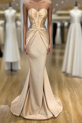 Elegant Sweetheart Champagne Evening Prom Dress Mermaid Long With Crystals