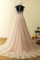 Elegant Tulle Lace Long Evening Prom Dress, A-Line Scoop Neckline Evening Dress